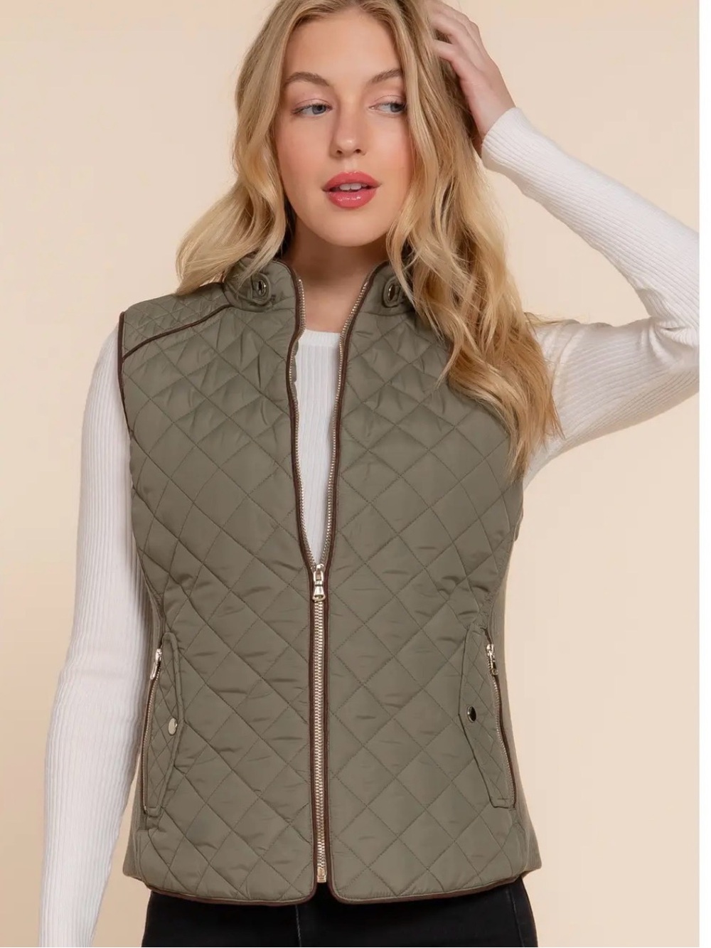 Ci Sono Olive Quilted Sleeveless Vest with Brown Trim